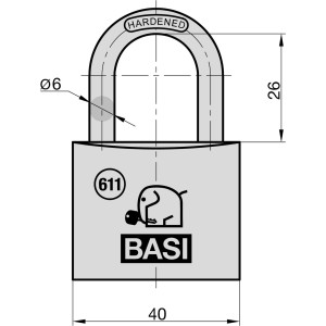 Basi Vorhangschloss VHS 611, 40mm, gleichschließend, mit 2 Schlüsseln, Messinggehäuse, technische Zeichnung.