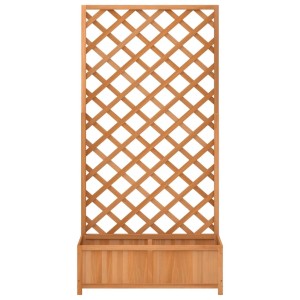 Brauner Pflanzkübel mit Spalier aus Tannenholz für Kletterpflanzen im Garten oder auf der Terrasse.
