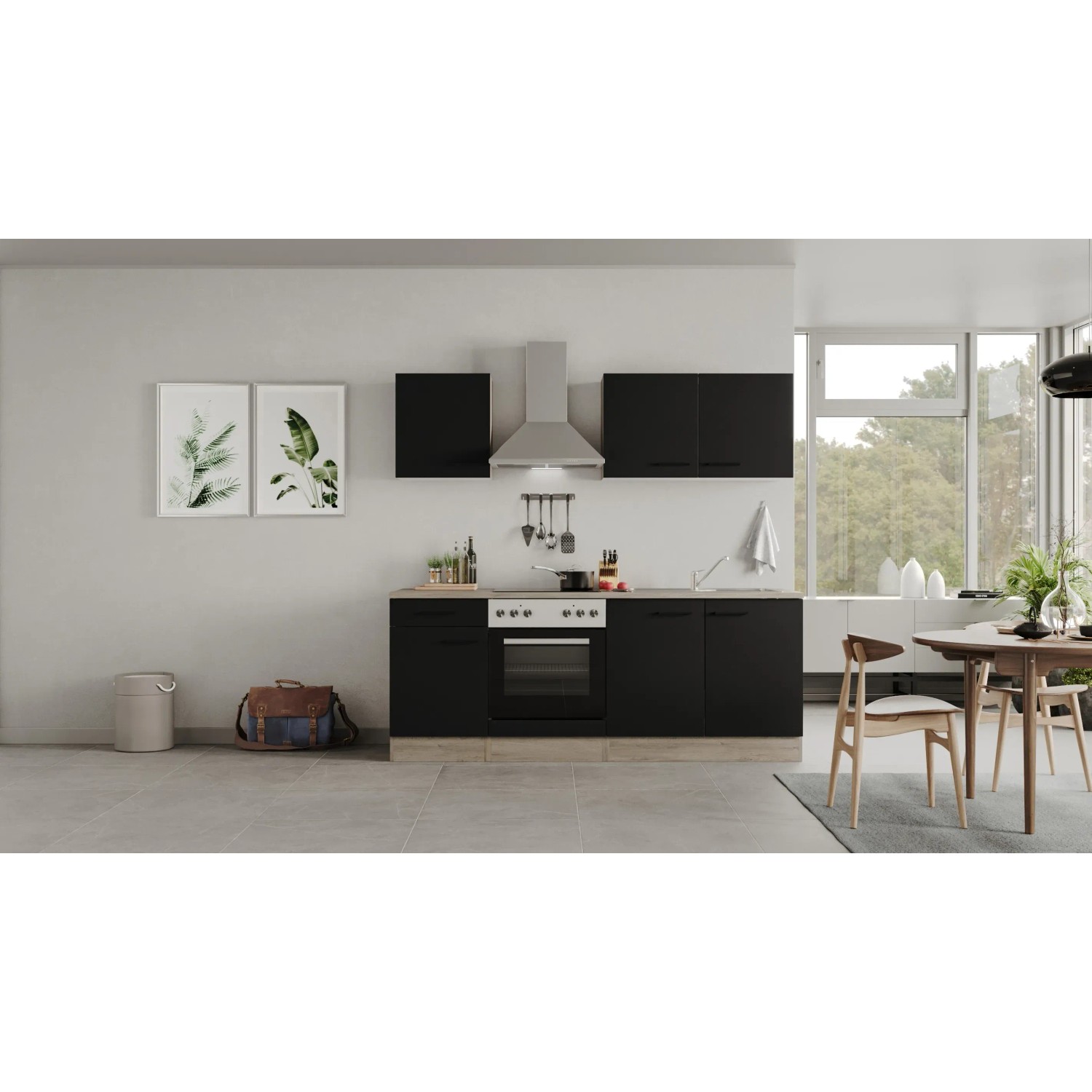 Flex-Well Küchenzeile Capri, 210 cm, Schwarz Matt/Endgrain Oak, mit E-Geräten.