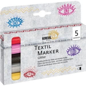 Kreul Textil Marker Glitter, 5er Set Stoffmalstifte mit Glitzer in Rot, Rosé, Schwarz, Silber und Gold.