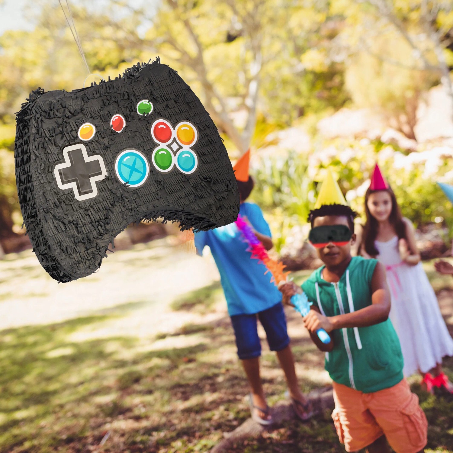 Buntes Controller Pinata Set mit Stab und Maske für Spiel & Spaß auf der Party.