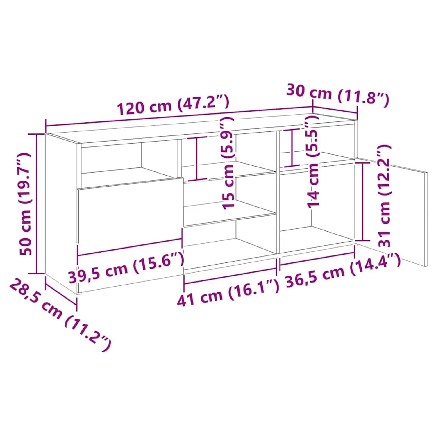 vidaXL TV-Schrank Artisan-Eiche, 120x30x50 cm, mit Maßen und Fächern dargestellt.