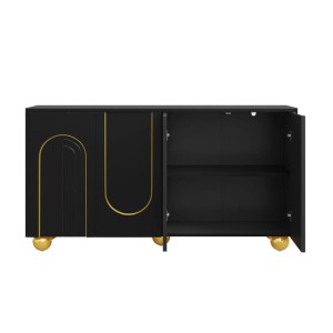 Schwarzes Sideboard mit 4 Türen, Goldbogen-Design und goldenen Kugelfüßen. Zwei offene Türen zeigen Innenfächer. Wohnzimmerschrank.