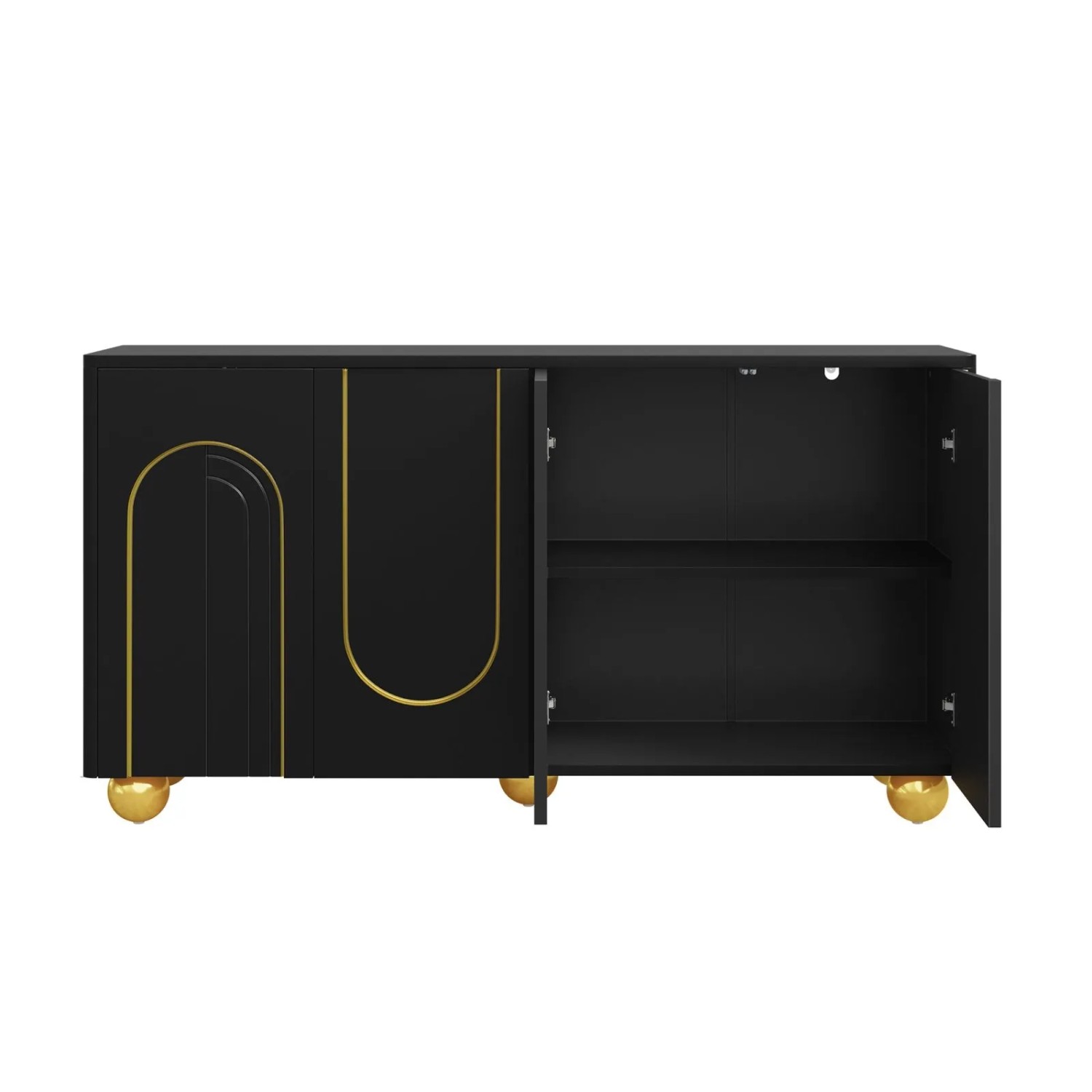 PXloue Sideboard 140x40x74 cm Schwarz Wohnzimmerschrank mit 4 Türen Goldbogen Metallfüßen