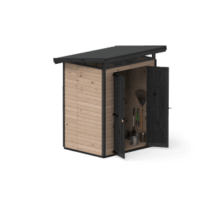 Upyard Gartenhaus Strongbox M, braun, mit geöffneten Doppeltüren und Gartengeräten im Inneren.