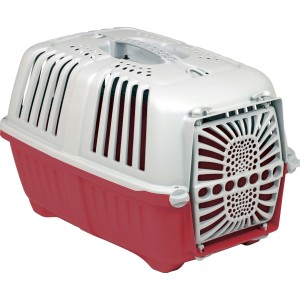 Pratiko Transportbox aus Kunststoff, rot/weiß, mit Tragegriff und Luftschlitzen.