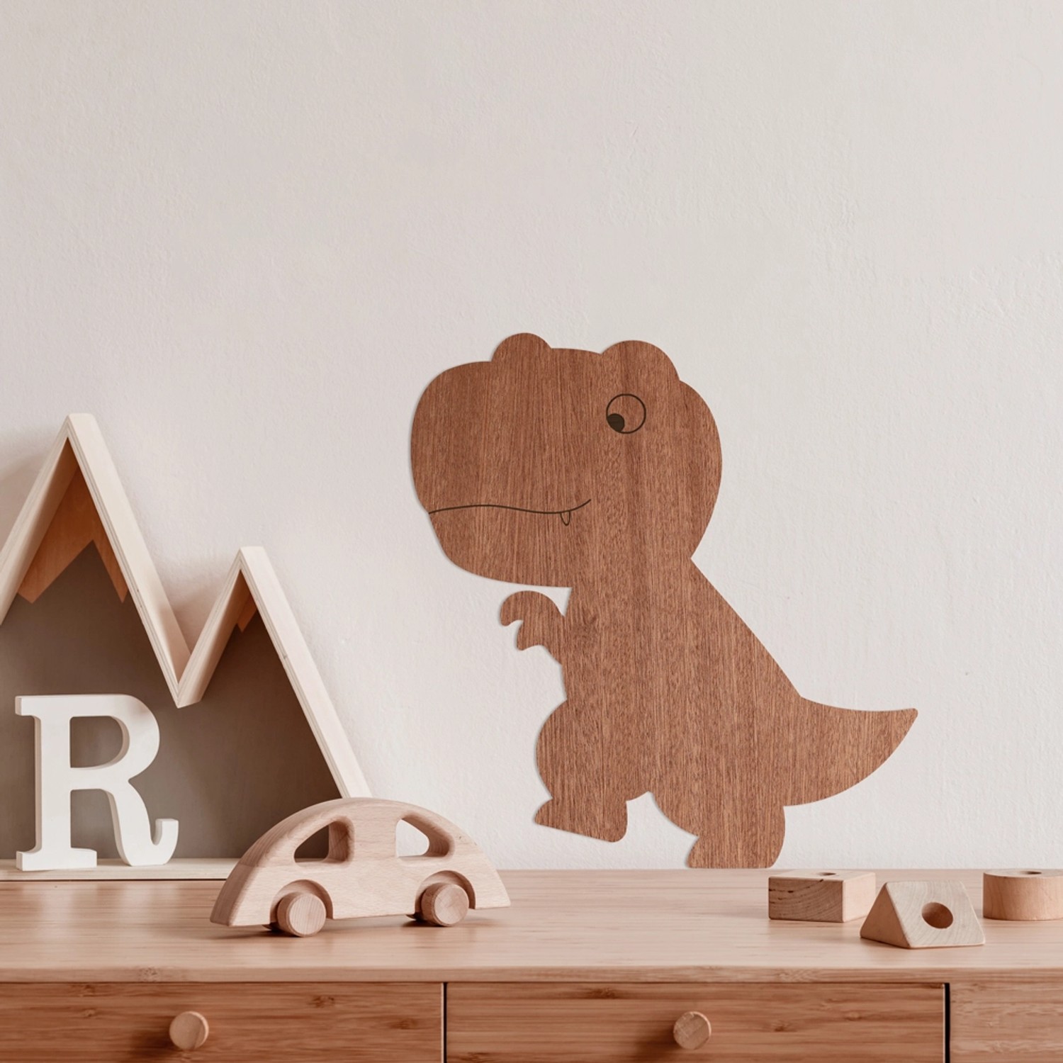 Wanddeko Dino T-Rex aus Holz, Mahagoni Furnier, 38x40cm. Wandbild für Kinderzimmer.