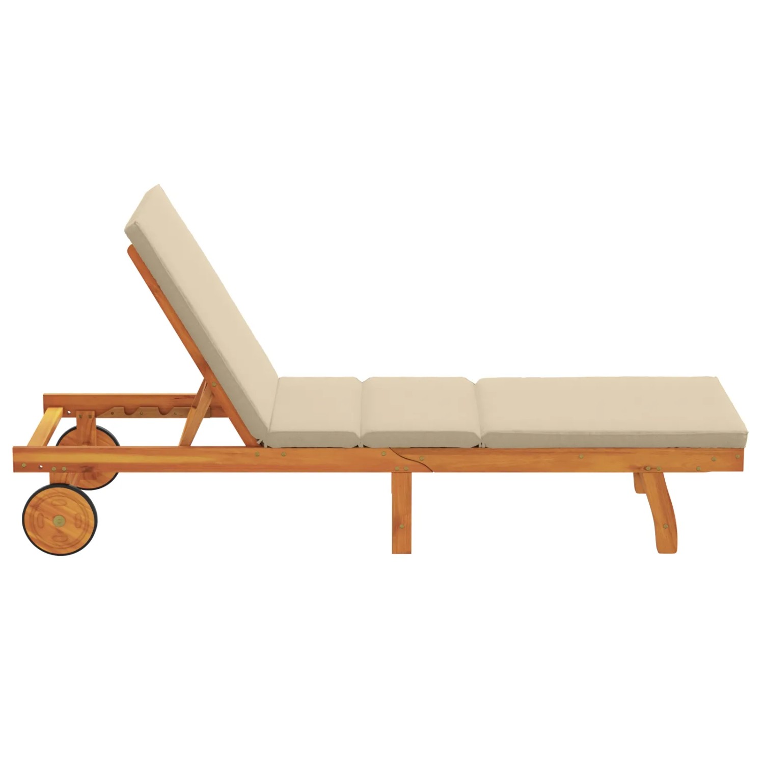 Beige vidaXL Sonnenliege aus Akazienholz mit Rädern und Kissen für Garten oder Balkon.