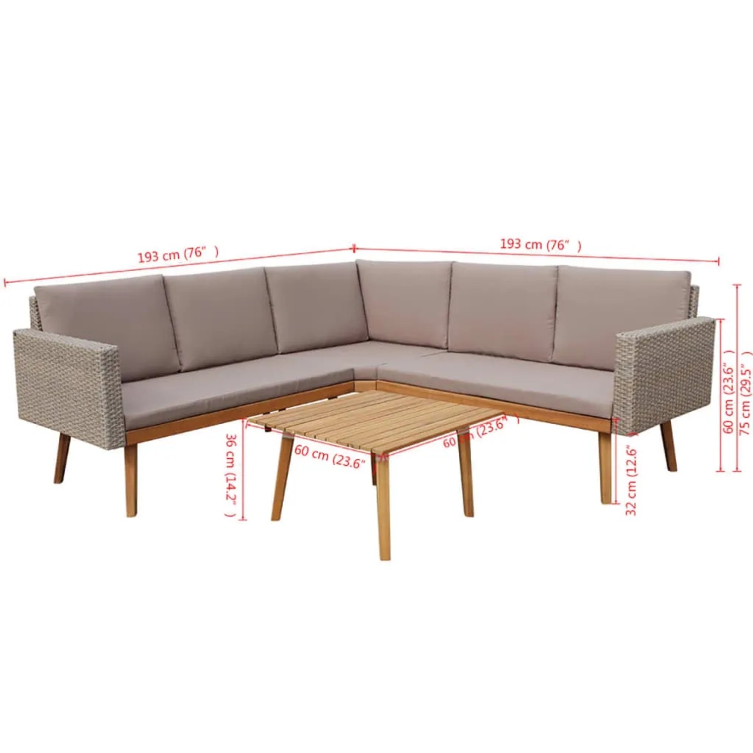 Graues 4-tlg. vidaXL Garten Lounge Set mit Auflagen aus Polyrattan und Holztisch.