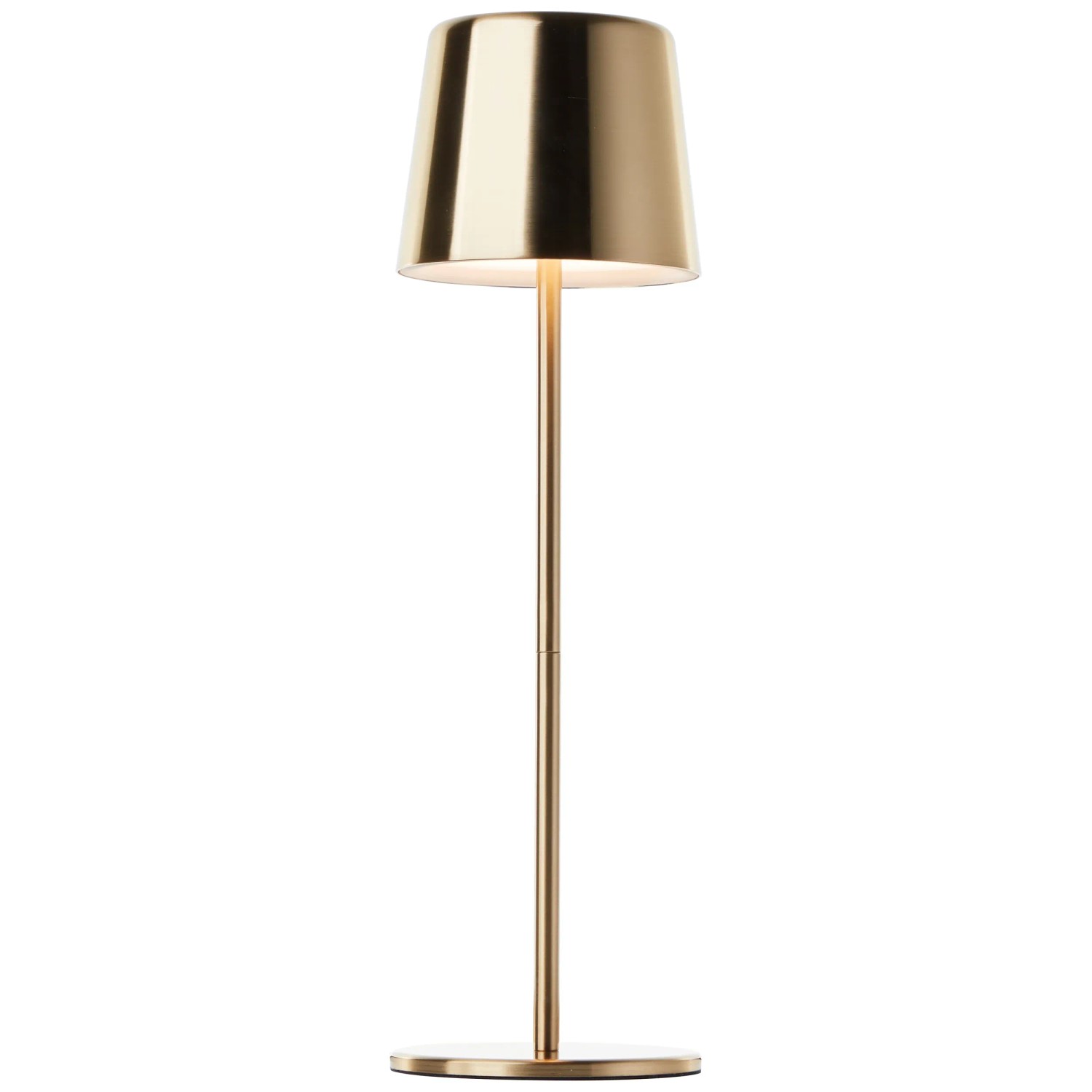 Brillante Akku-Tischleuchte Xaana in gebürstetem Messing, modernes Design für Innen- und Außenbereiche.