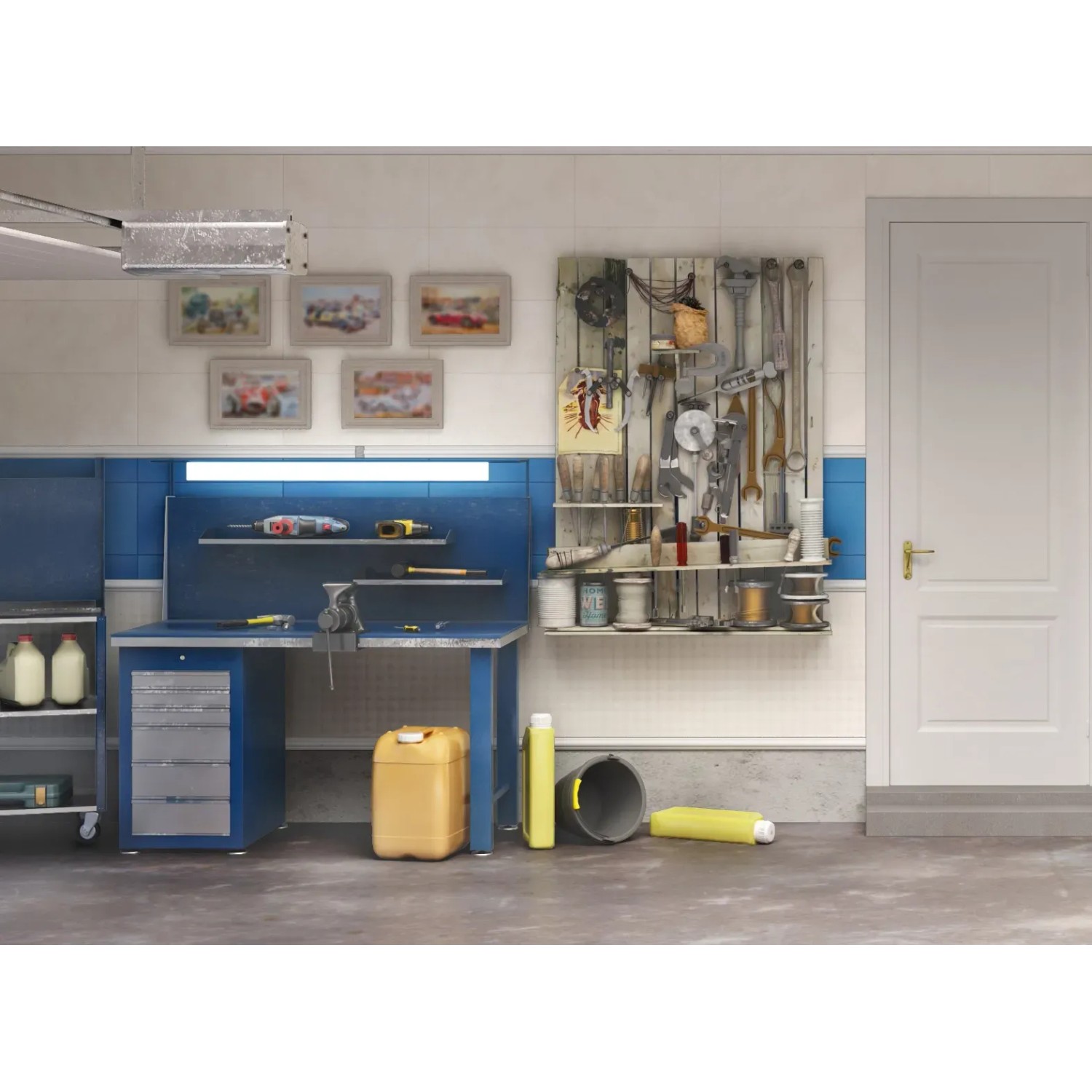 Werkbank mit Philips LED-Leuchtmittel G13 Röhre, Werkzeugen und Zubehör in einer Werkstatt.