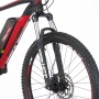 Detailaufnahme: Rotes Fischer E-Bike Mountainbike 27,5 EM 1726.1 mit Federgabel und Scheibenbremse.