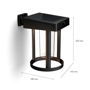 Schwarze Philips Camill Solar-Wandleuchte mit klarem Glas und Maßen.