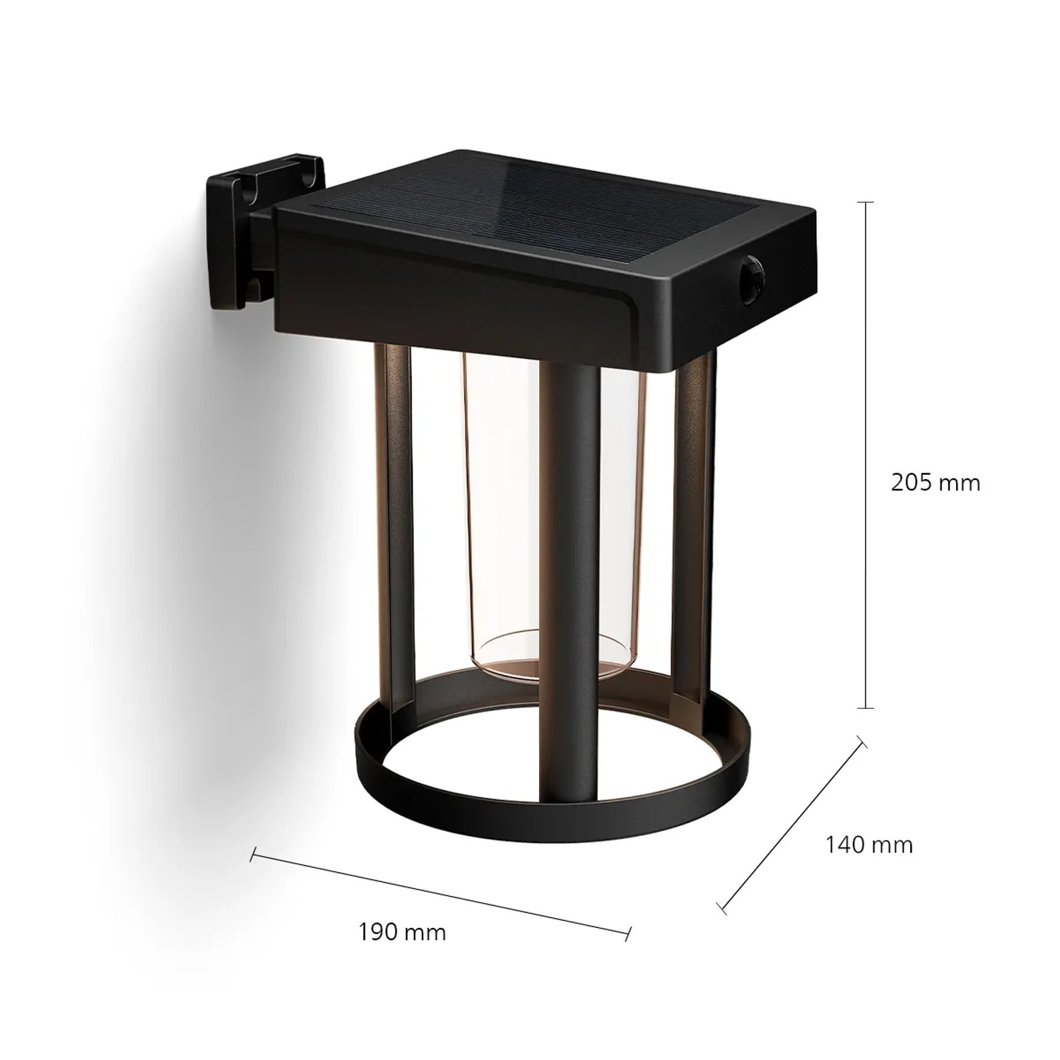 Schwarze Philips Camill Solar-Wandleuchte mit klarem Glas und Maßen.