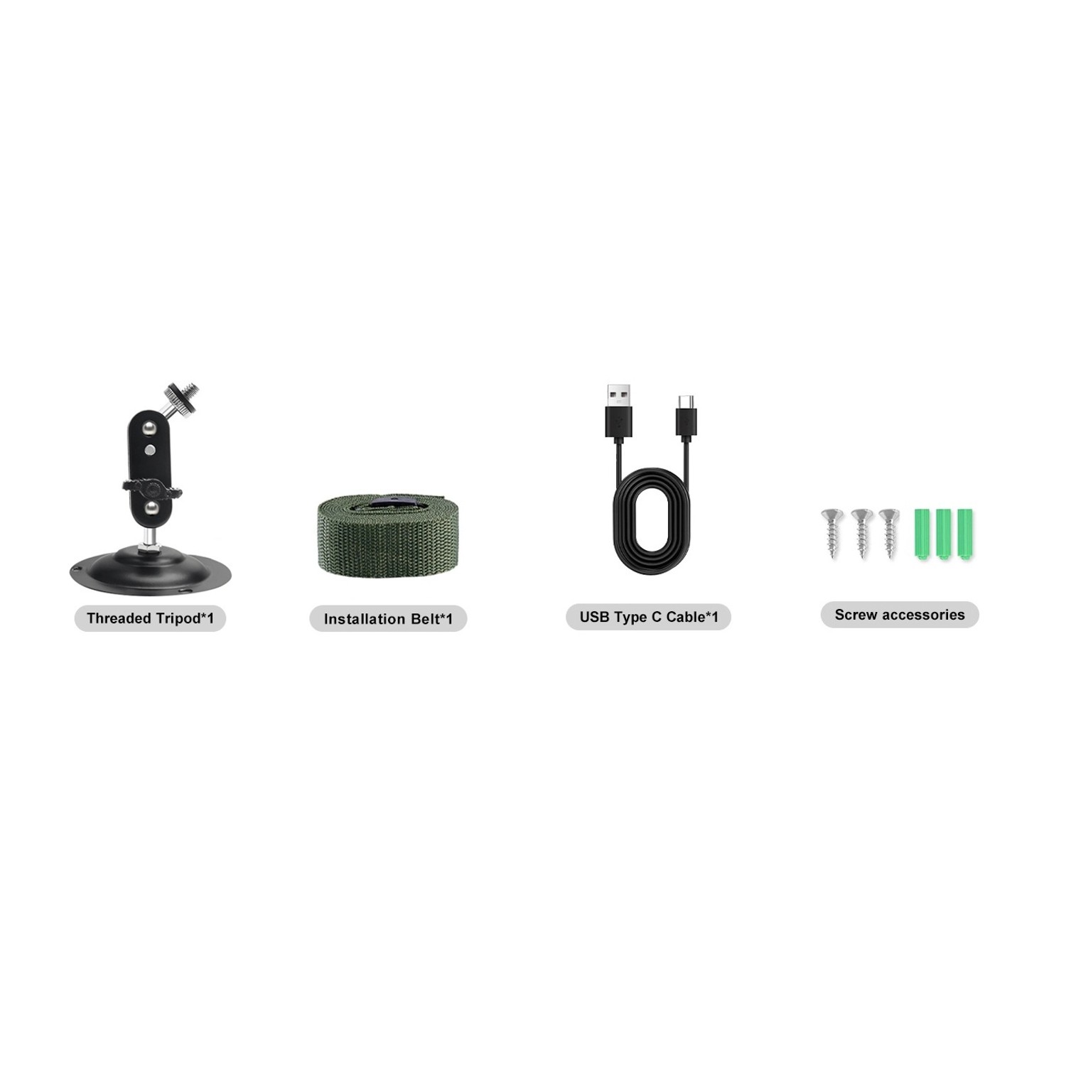 Zubehör für Technaxx Solar-Wifi-Wildcam TX-326: Stativ, Befestigungsgurt, USB-Kabel, Schrauben.