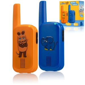 DieMaus Walkie-Talkies (2er-Set) in Blau und Orange mit Maus- und Elefantenmotiv.