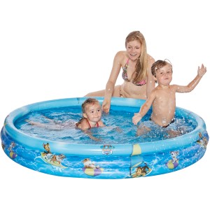 Blaues Paw Patrol Planschbecken (Ø 150 cm) mit spielenden Kindern und einer Frau.