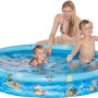 Blaues Paw Patrol Planschbecken (Ø 150 cm) mit spielenden Kindern und einer Frau.
