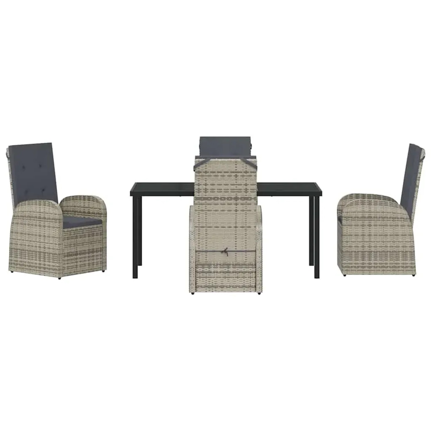Graue 5-tlg. vidaXL Garten Essgruppe aus Polyrattan mit Tisch und Stühlen inklusive Kissen.