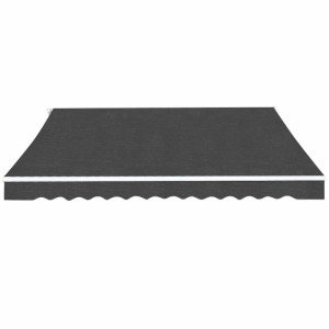 Anthrazitfarbene Gelenkarmmarkise 500 cm breit mit weißem Streifen und Wellenvolant für Terrasse & Garten.