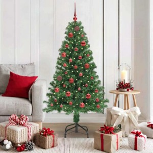 Grüner künstlicher Weihnachtsbaum, 150 cm, mit Ständer, warmweißen LEDs und roten Kugeln im festlichen Wohnzimmer.