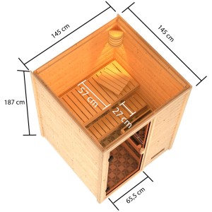 Woodfeeling Sauna Sandra mit Glastür, 9kW Ofen und Maßen. Massivholzsauna mit Bänken und externer Steuerung.