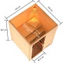 Woodfeeling Sauna Sandra mit Glastür, 9kW Ofen und Maßen. Massivholzsauna mit Bänken und externer Steuerung.