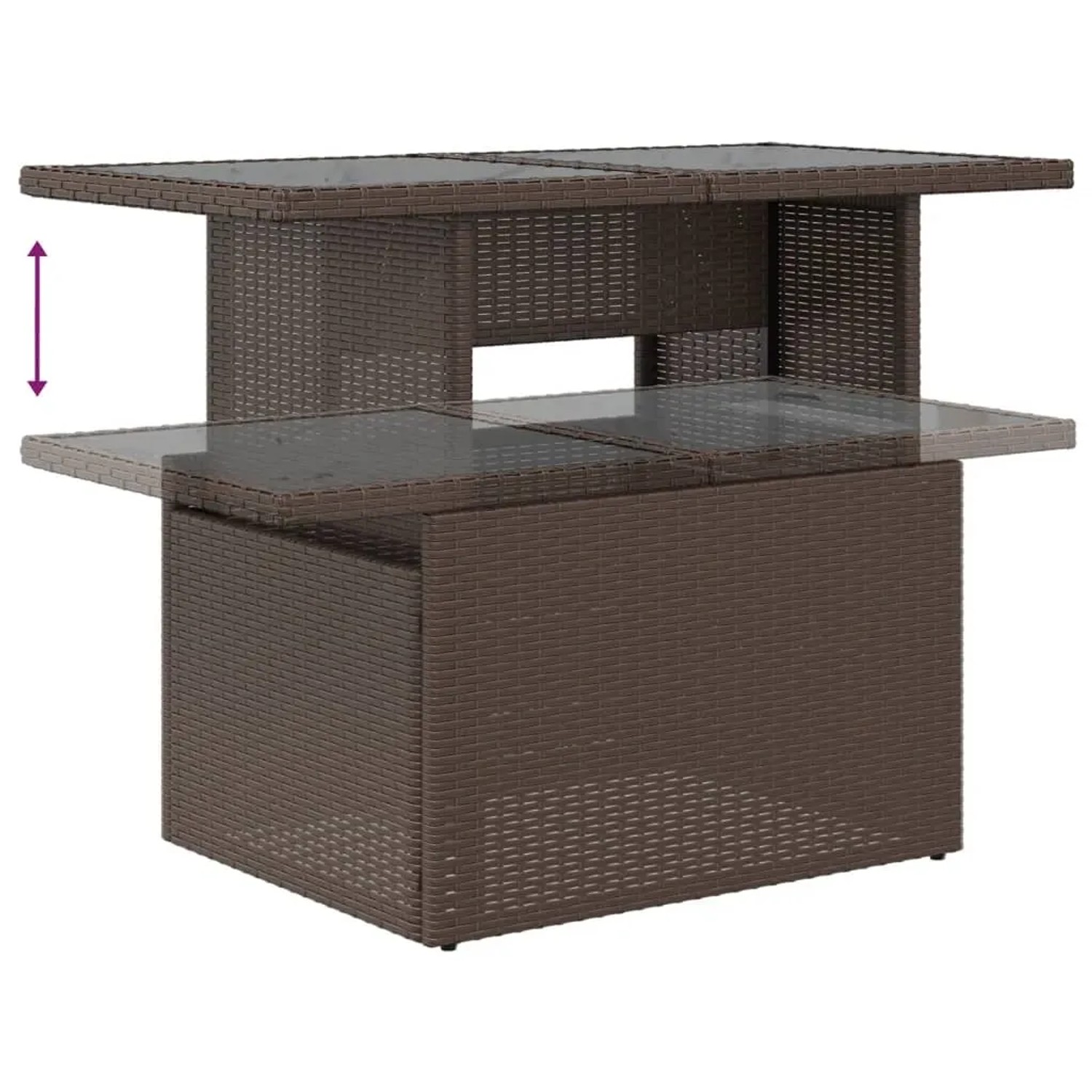 Brauner vidaXL Gartentisch aus Rattan mit verstellbarer Glasplatte, Teil der 7-tlg. Sofagarnitur.