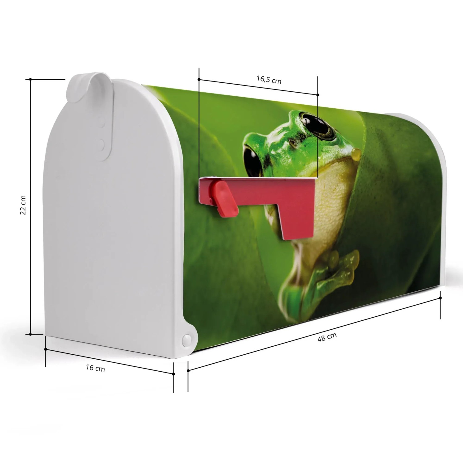 Weißer US Briefkasten mit Frosch Motiv, Stahl pulverbeschichtet, 48x22x16cm.