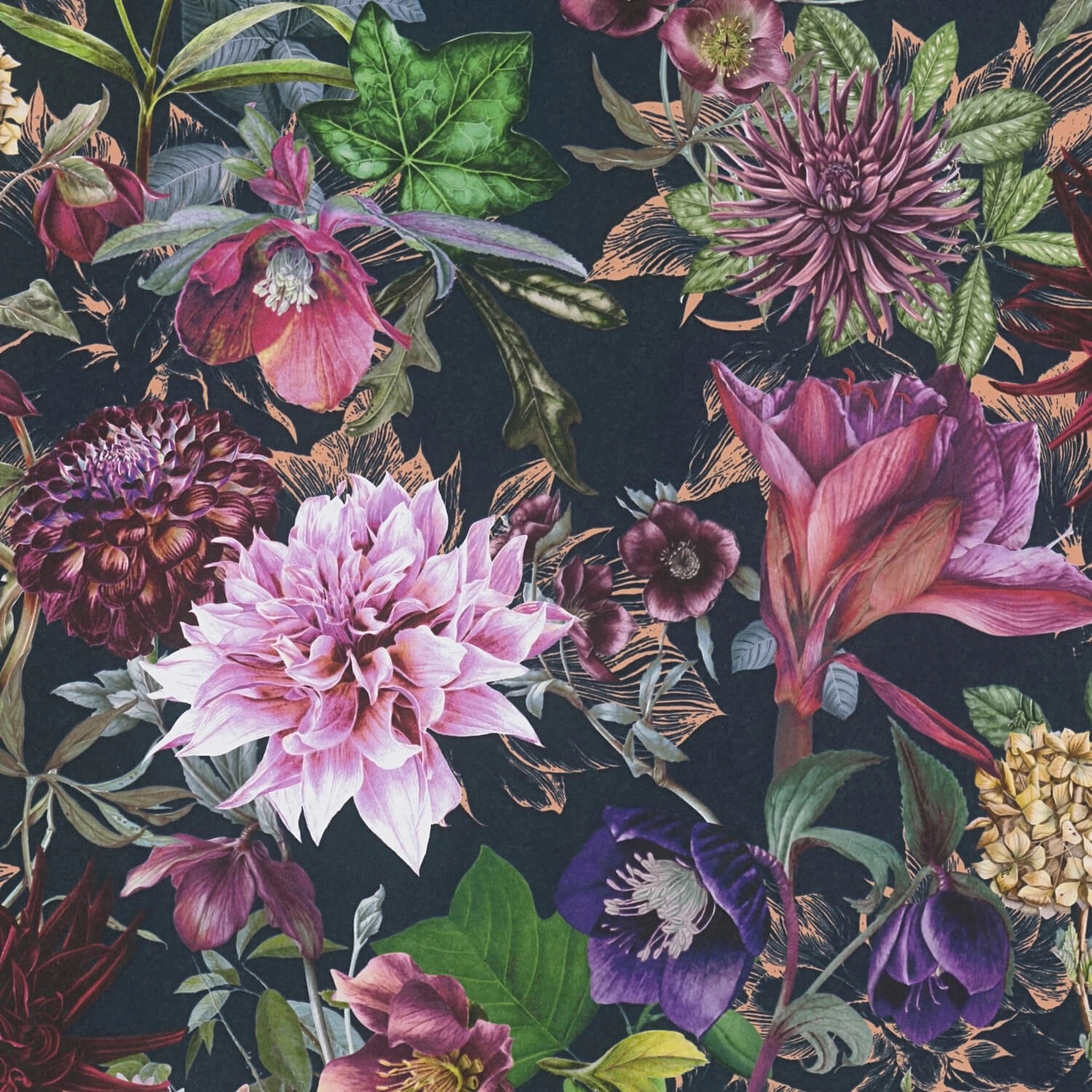 PROFHOME 381756-GU Blumen Tapete Floral Matt Schwarz Lila Rosa Grün 0,53 m günstig online kaufen