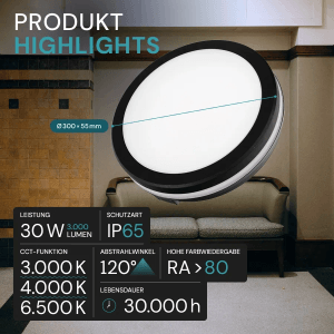 LUXULA LED Deckenleuchte IP65 CCT Kalt- Warmweiß 30W 3000lm Schnellverbinder Ø30cm Feuchtraumleuchte Badlampe Kellerleuchte Garage Flach Rund