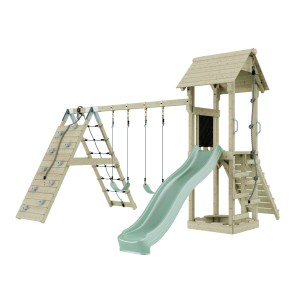 OutdoorToys Spielturm Kiruna mit mintgrüner Rutsche, Kletterwand und Doppelschaukel.