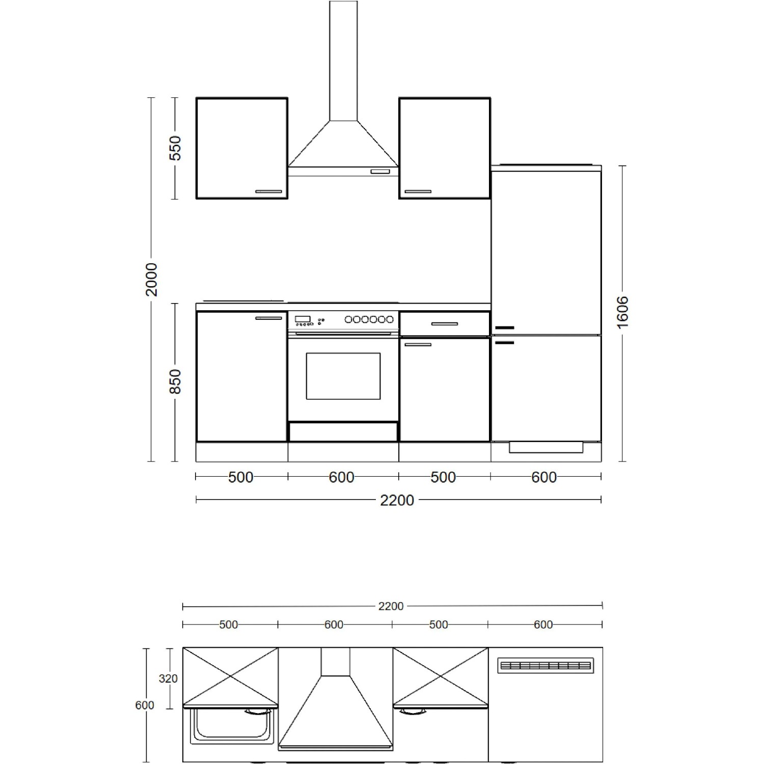 Skizze der Flex-Well Exclusiv Küchenzeile Capri, 220 cm, in Schwarz Matt und Endgrain Oak mit Maßangaben.