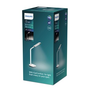 Verpackung der weißen Philips Robotplus LED Schreibtischlampe mit 14W und Touchpanel.