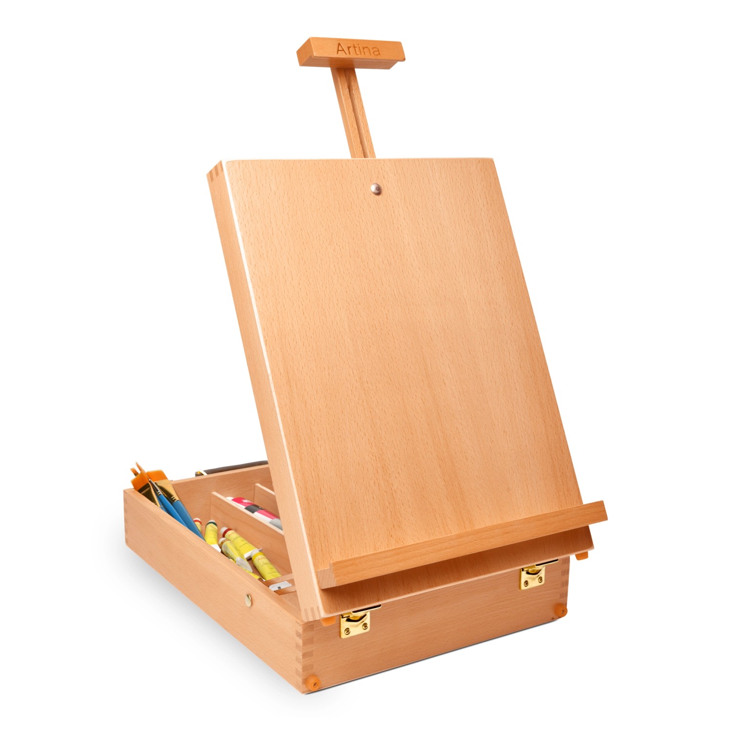 Artina Nancy Staffelei aus Buchenholz, geöffnet mit Malutensilien. Tischstaffelei für Hobbykünstler.