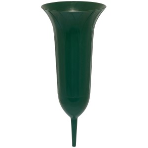 Dunkelgrüne Geli Grabvase, ca. 26 cm hoch, tulpenförmig mit Erdspieß für Grabgestecke.
