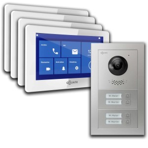 Goliath Basic Line 4-Familienhaus Video Türsprechanlage Monitor Weiß - Silber Ausenstation Aufputz Dose