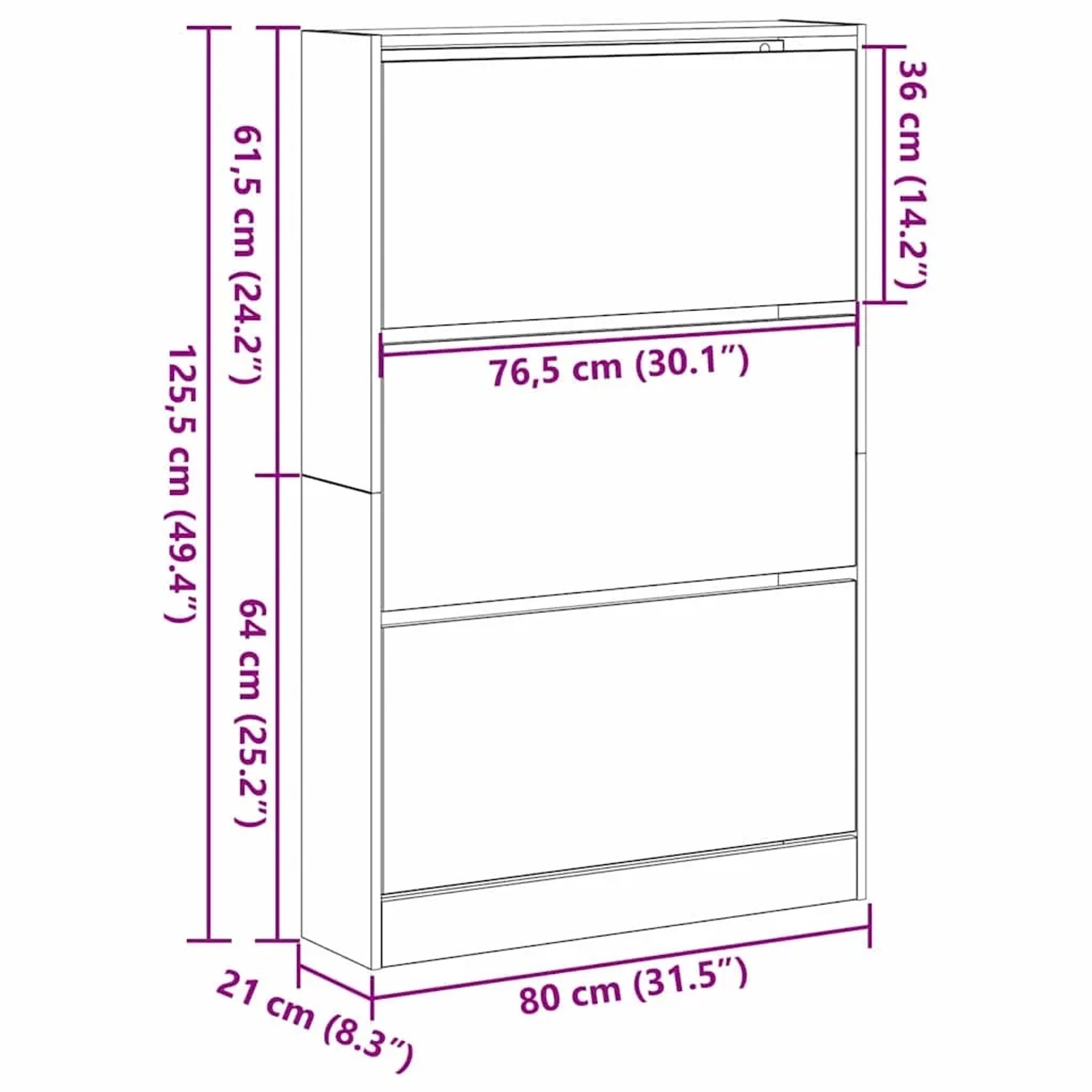 vidaXL Schuhschrank Eiche mit 3 Fächern, 80x21x125,5 cm, zur Aufbewahrung von Schuhen.