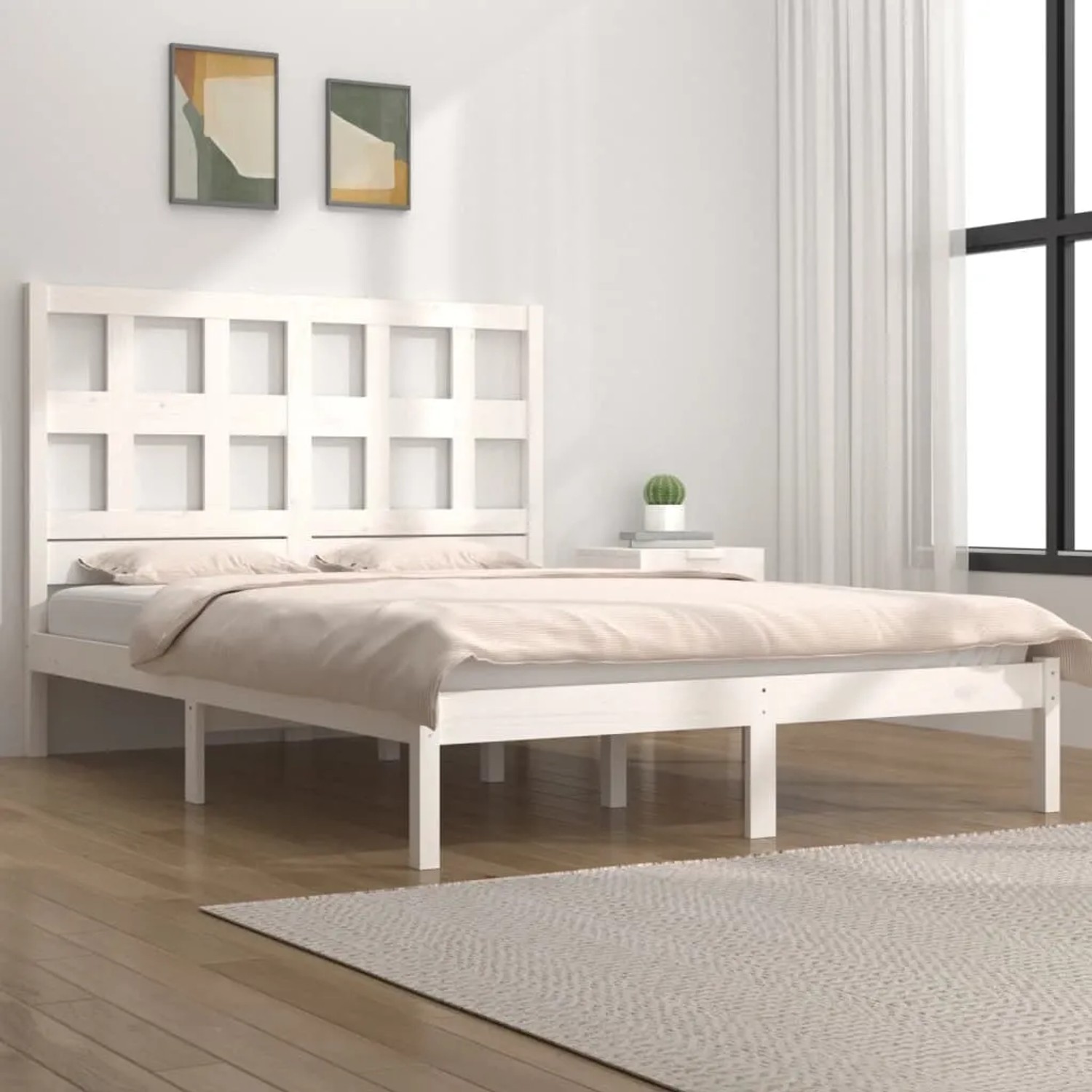 Weißes Massivholzbett (Kiefer) 140x200 cm mit Lattenrost und Kopfteil für Schlafzimmer.