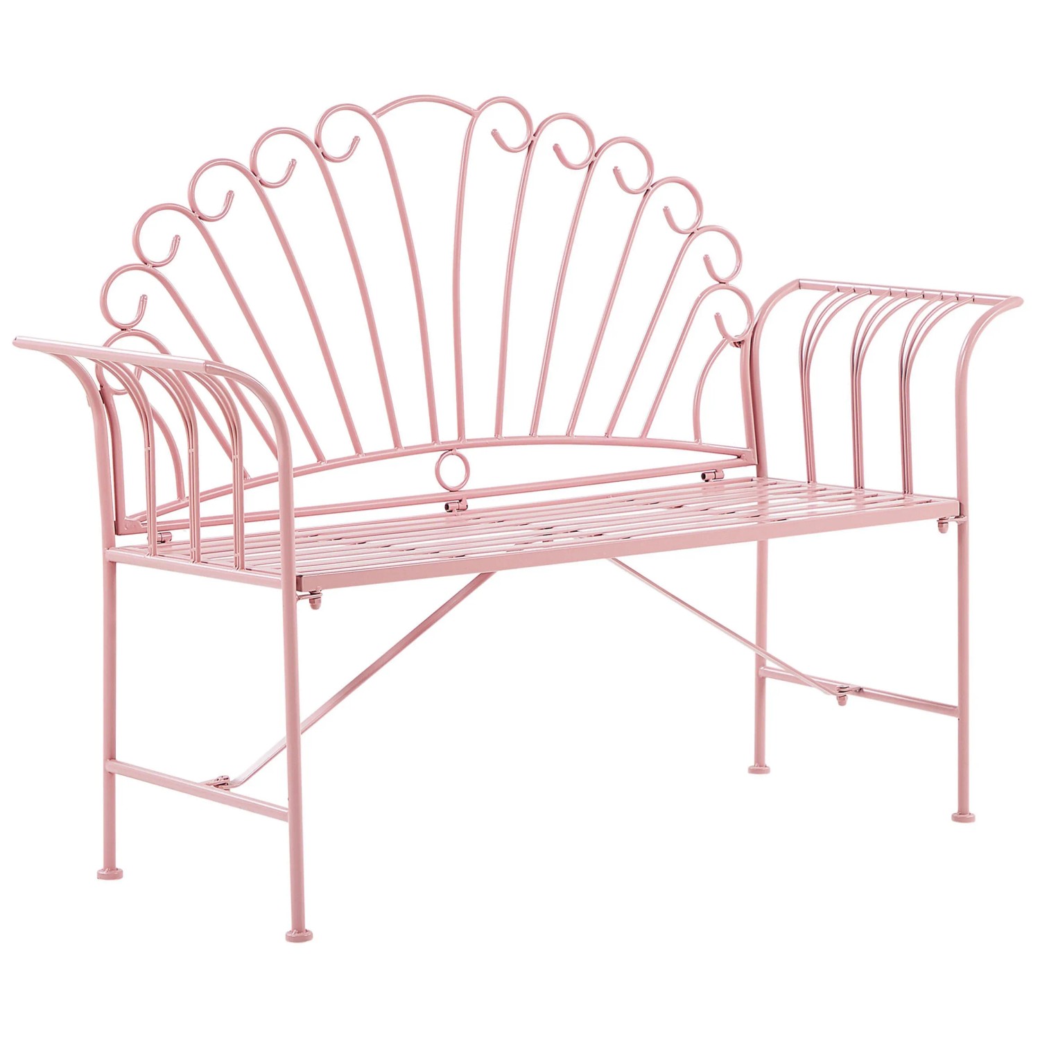 Rosa Metall-Gartenbank mit muschelförmiger Rückenlehne und geschwungenen Armlehnen. Elegante 2-Sitzer Sitzbank für Gartenmöbel.