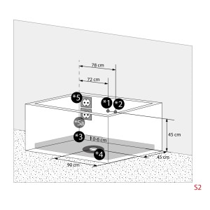 Skizze der AcquaVapore Whirlpool Badewanne W81R-B 180x90 mit Maßangaben zu Anschlüssen.