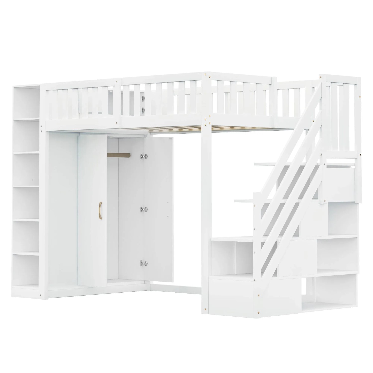 okwish Hochbett 90x200cm mit Regalen und Kleiderschrank Weiß ohne Matratze