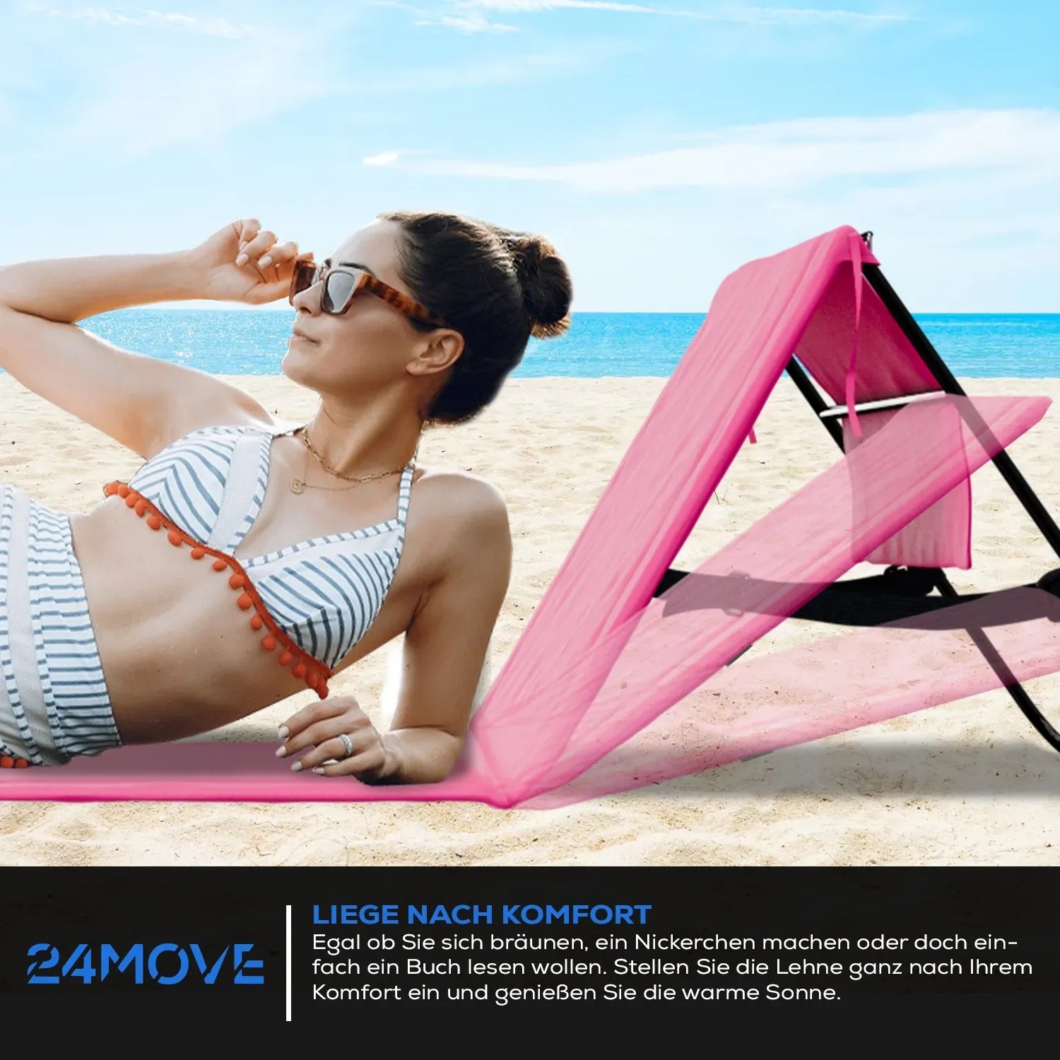 2er Set 24MOVE Strandmatte rosa mit Rückenlehne und Tasche am Strand.