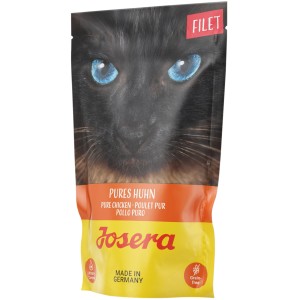 Josera Katzen-Nassfutter Filet Pures Huhn, 70g Beutel mit Katzenmotiv.