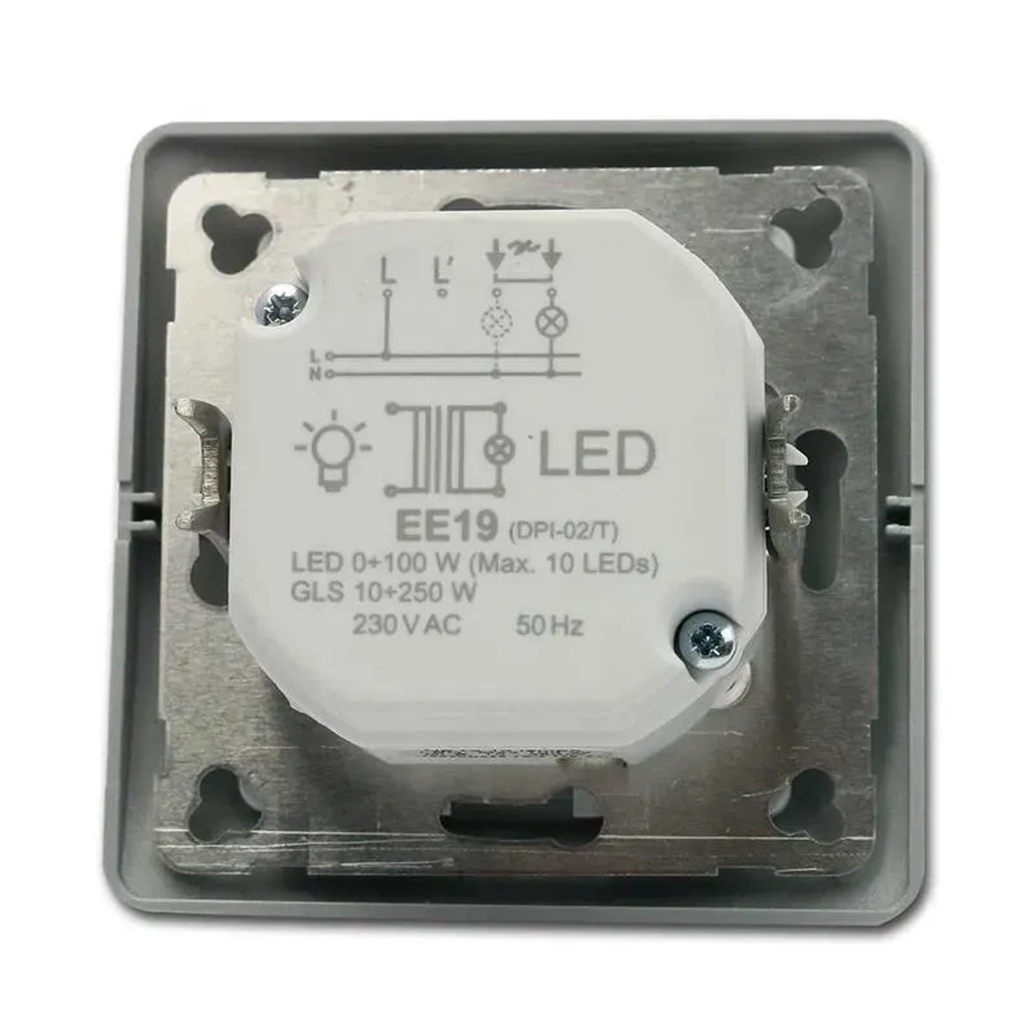 Silberner LED Dimmer von TEM EKONOMIK, 0-100W, für Schalterprogramme. Unterputz Dimmer mit Drehknopf.