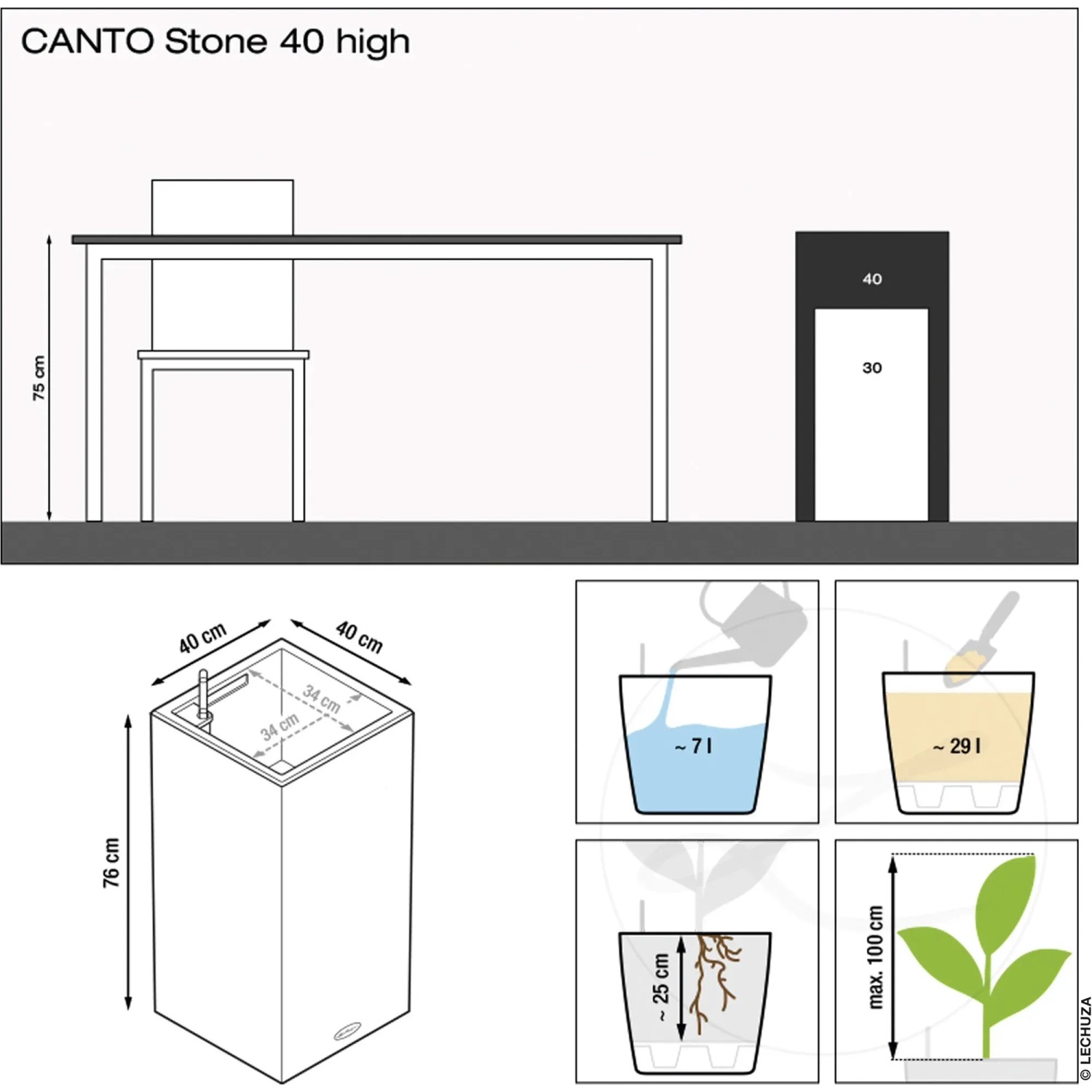 Skizze Lechuza Canto Stone high 40, sandbeige, 40x76cm, Pflanzsäule mit Maßen und Füllmengen.