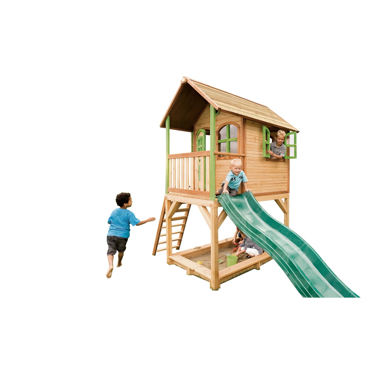 Axi Sarah Spielhaus aus Holz mit grüner Rutsche und Sandkasten für Kinder.