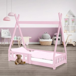 Rosa ML-Design Kinderbett Tipi 70x140 cm mit Rausfallschutz und Lattenrost.