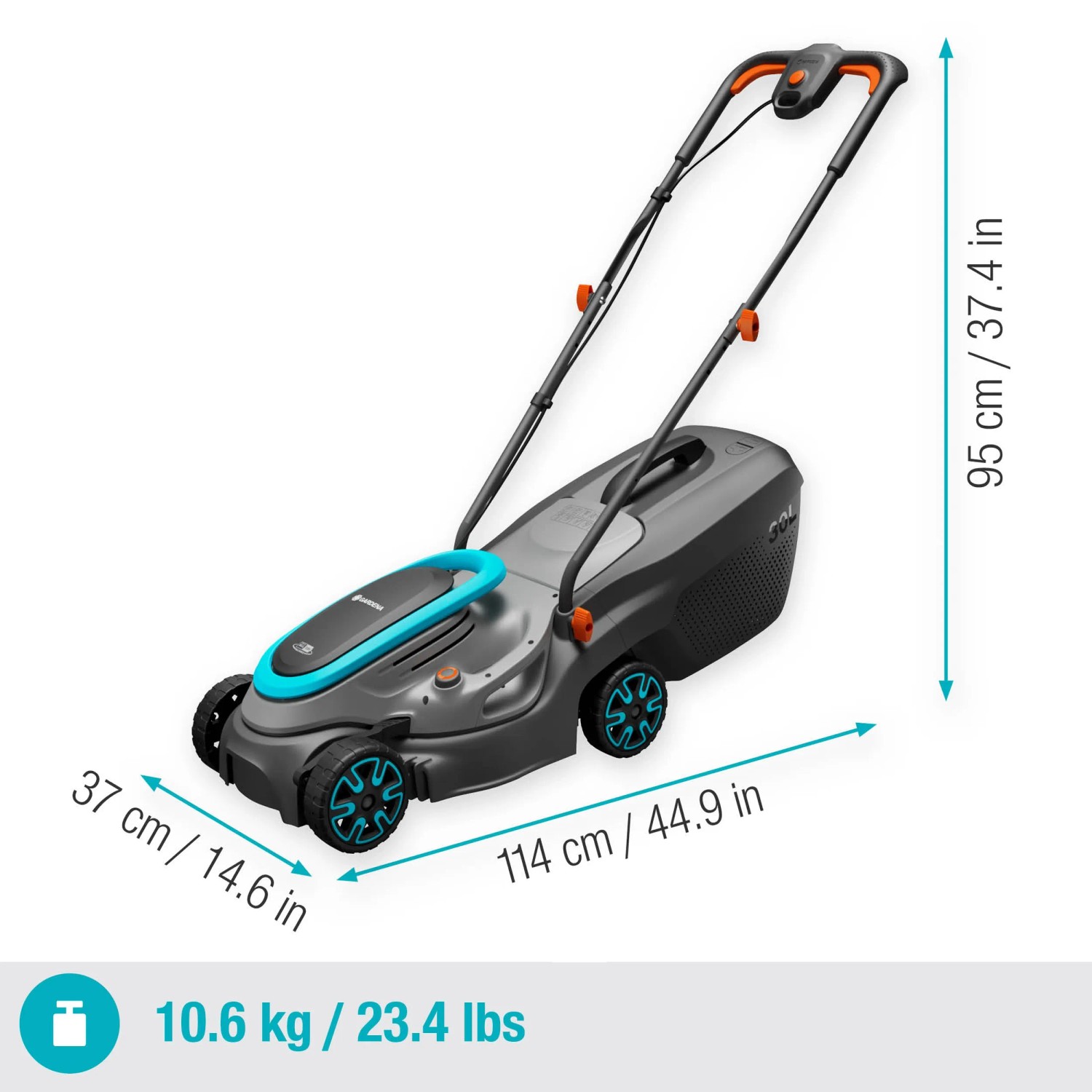 Gardena Akku-Rasenmäher PowerMax 32/18V mit Akku und Ladegerät, seitliche Ansicht.