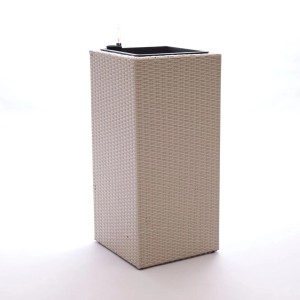 Grau melierter Polyrattan Pflanzkübel in Säulenform, 30x30x80cm, für Innen- und Außenbereich.